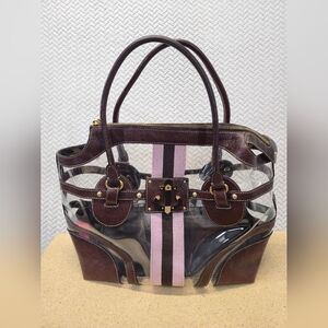 Vintage Juicy Couture Clear Vinyl Bag Leather Trim Stripes Nautical Beach Y2K EC
